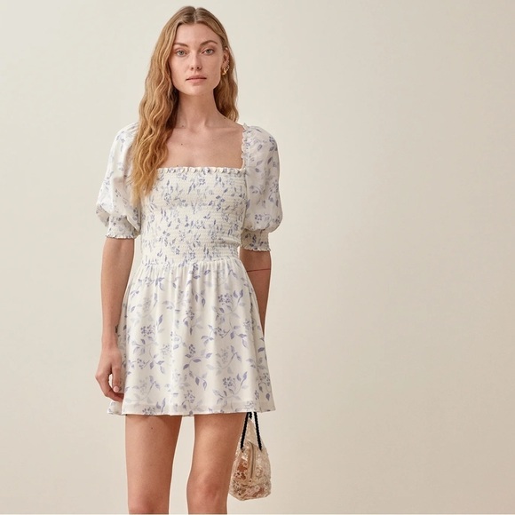 Reformation Dresses & Skirts - Reformation Elle Short Puff Sleeve Smocked Mini Dress in Blue & White Floral, 2